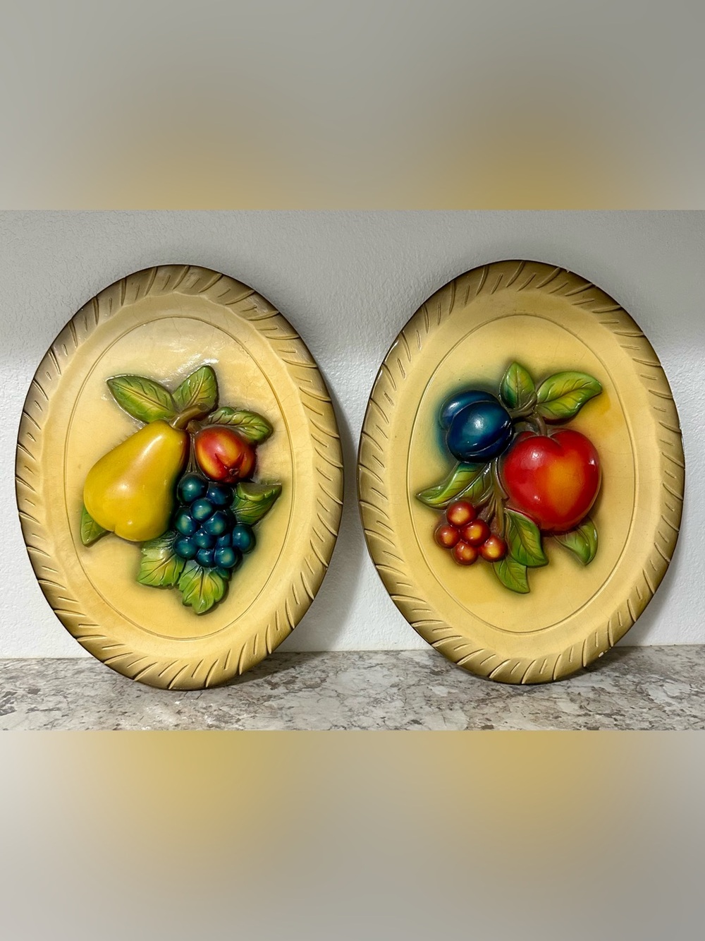 LARGE 1940-50 CHALKWARE Fruit Wall Plaques-Beautiful VINTAGE Condition
